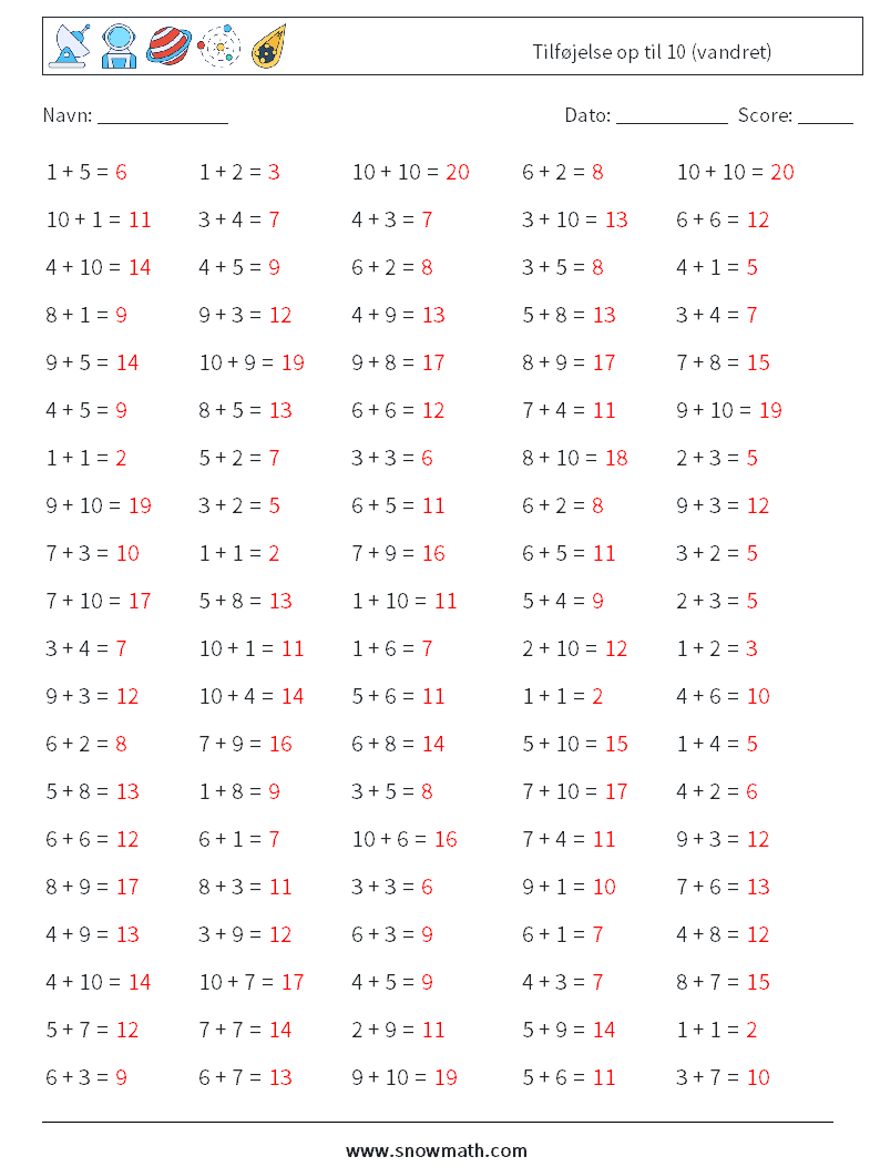 (100) Tilføjelse op til 10 (vandret) Matematiske regneark 1 Spørgsmål, svar