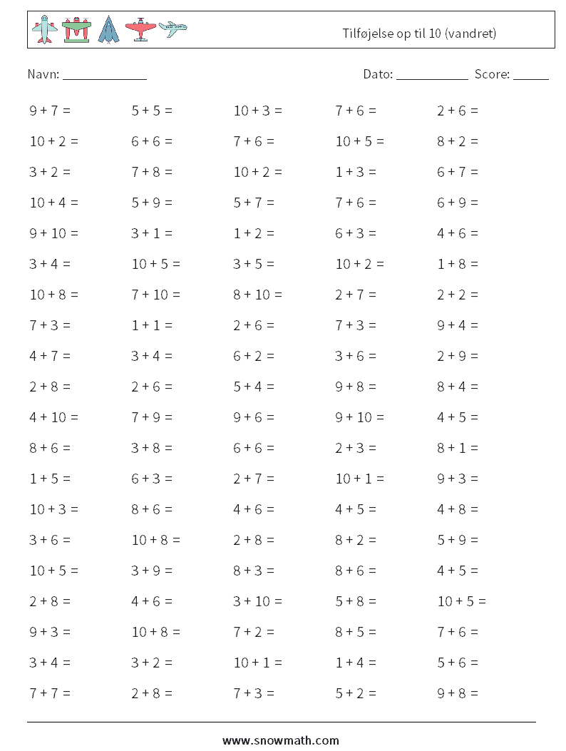 (100) Tilføjelse op til 10 (vandret) Matematiske regneark 2