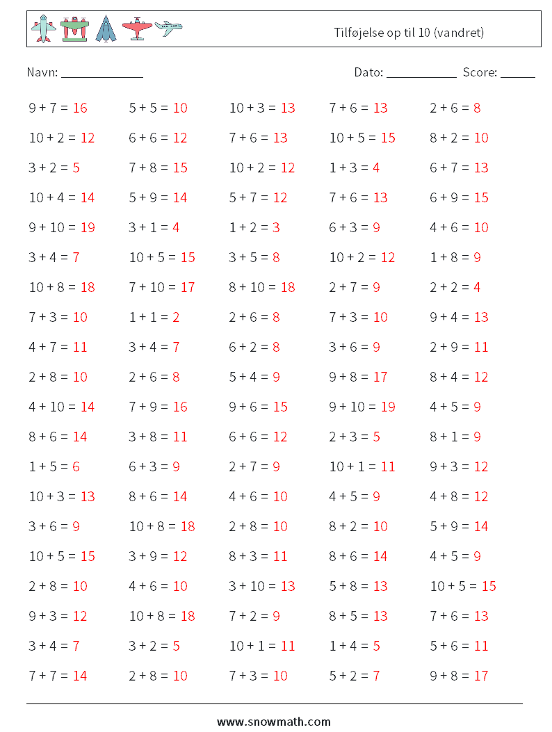 (100) Tilføjelse op til 10 (vandret) Matematiske regneark 2 Spørgsmål, svar