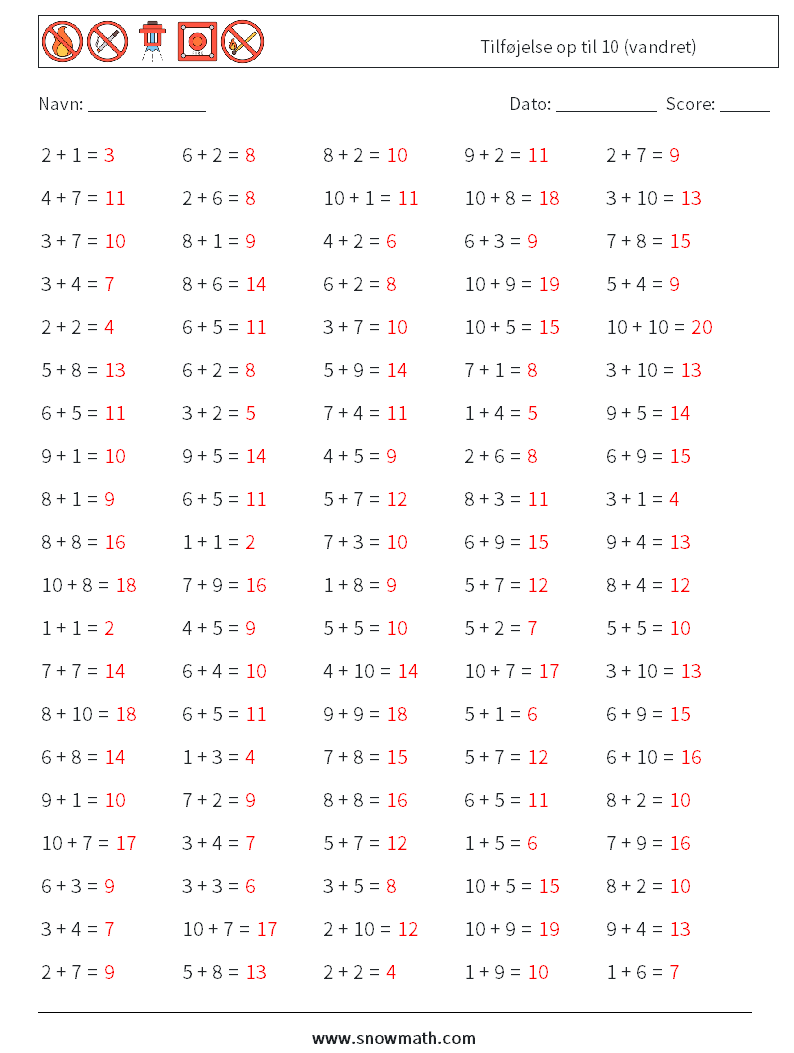 (100) Tilføjelse op til 10 (vandret) Matematiske regneark 3 Spørgsmål, svar