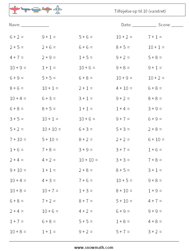 (100) Tilføjelse op til 10 (vandret) Matematiske regneark 4