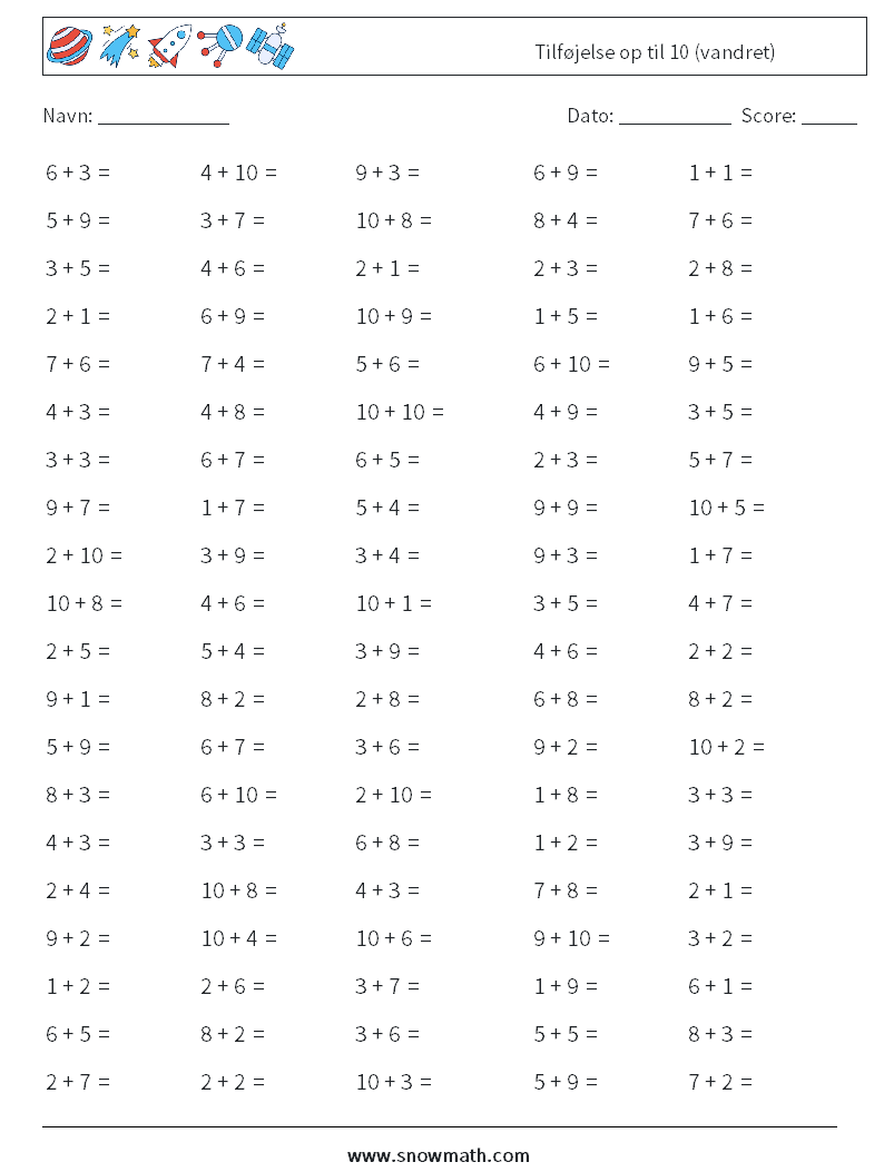 (100) Tilføjelse op til 10 (vandret) Matematiske regneark 5