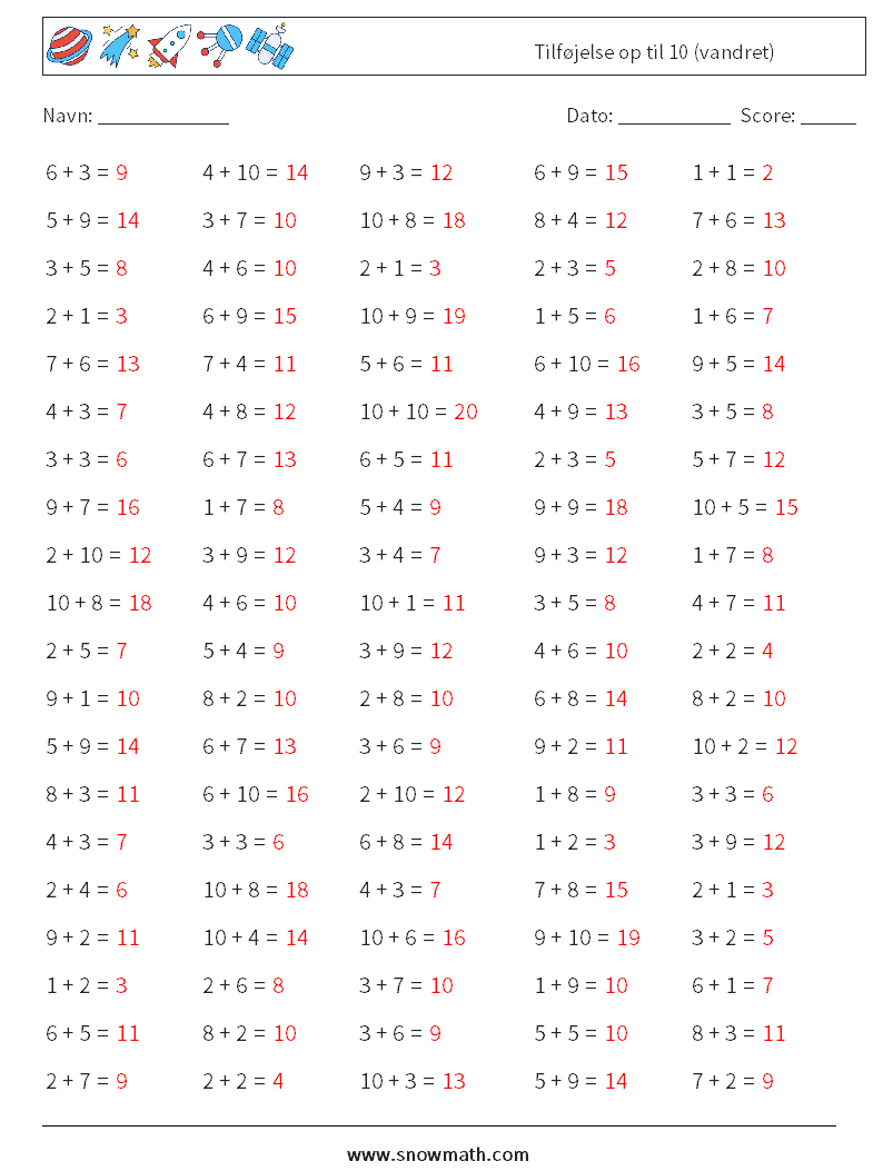 (100) Tilføjelse op til 10 (vandret) Matematiske regneark 5 Spørgsmål, svar