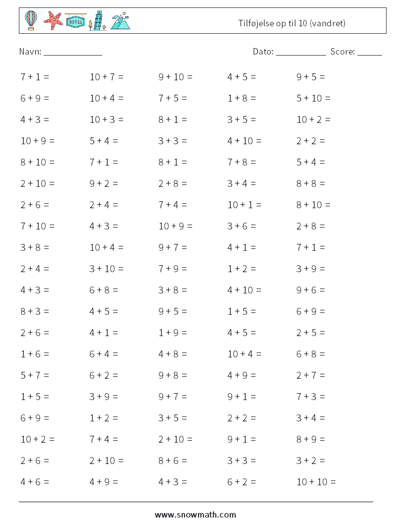 (100) Tilføjelse op til 10 (vandret) Matematiske regneark 6