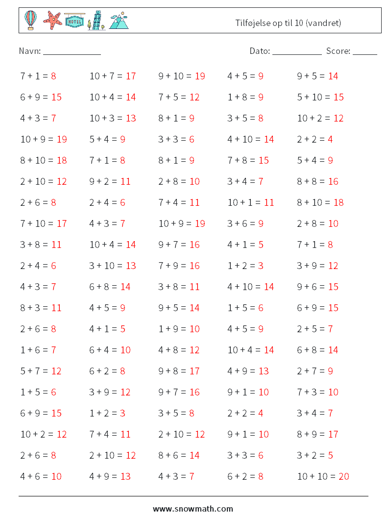 (100) Tilføjelse op til 10 (vandret) Matematiske regneark 6 Spørgsmål, svar