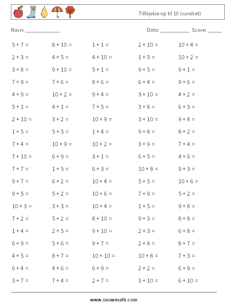 (100) Tilføjelse op til 10 (vandret) Matematiske regneark 7