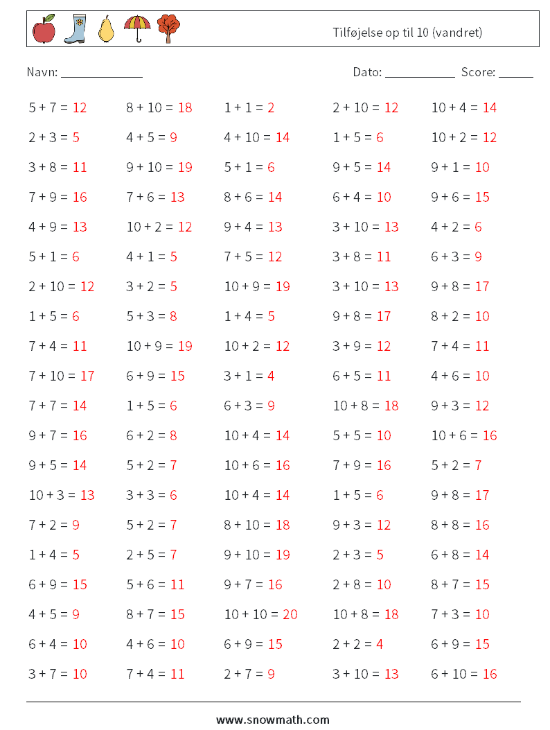 (100) Tilføjelse op til 10 (vandret) Matematiske regneark 7 Spørgsmål, svar