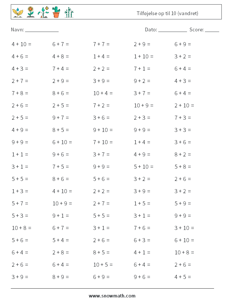 (100) Tilføjelse op til 10 (vandret) Matematiske regneark 8