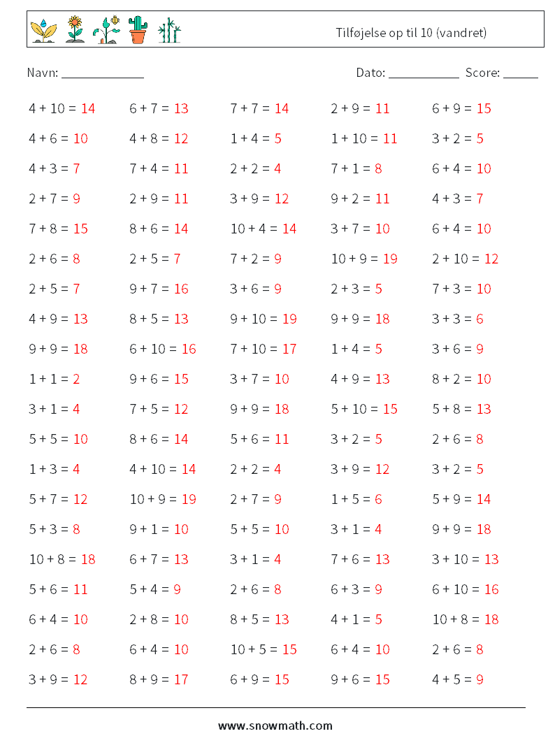 (100) Tilføjelse op til 10 (vandret) Matematiske regneark 8 Spørgsmål, svar