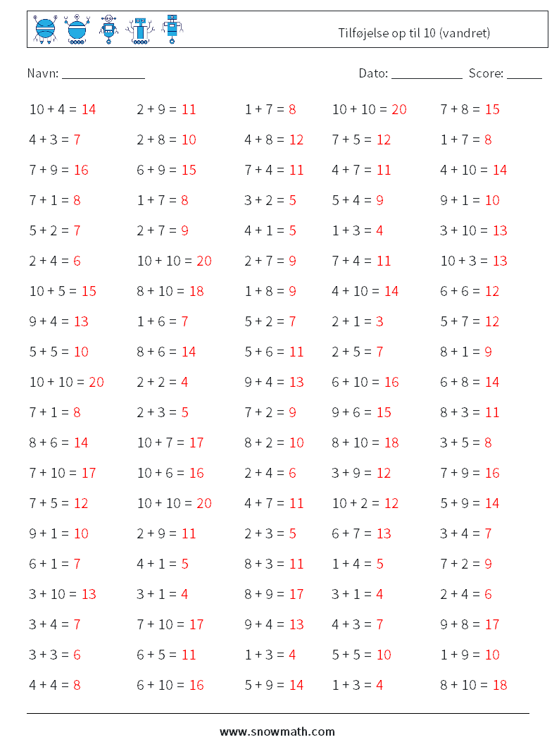 (100) Tilføjelse op til 10 (vandret) Matematiske regneark 9 Spørgsmål, svar