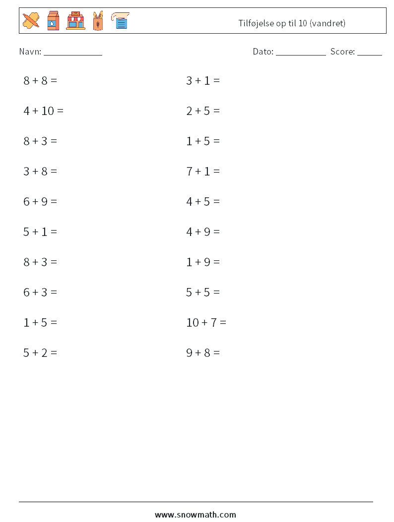 (20) Tilføjelse op til 10 (vandret) Matematiske regneark 1