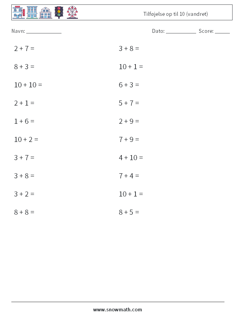 (20) Tilføjelse op til 10 (vandret) Matematiske regneark 7