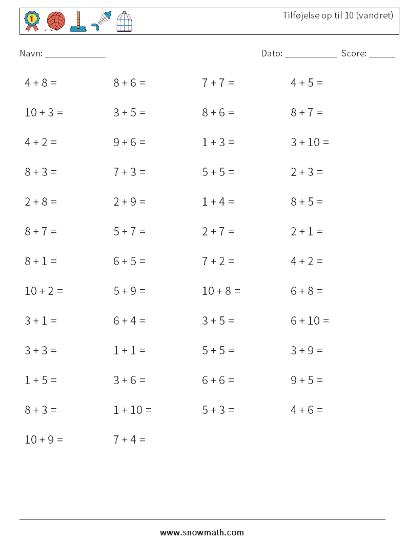 (50) Tilføjelse op til 10 (vandret) Matematiske regneark 1