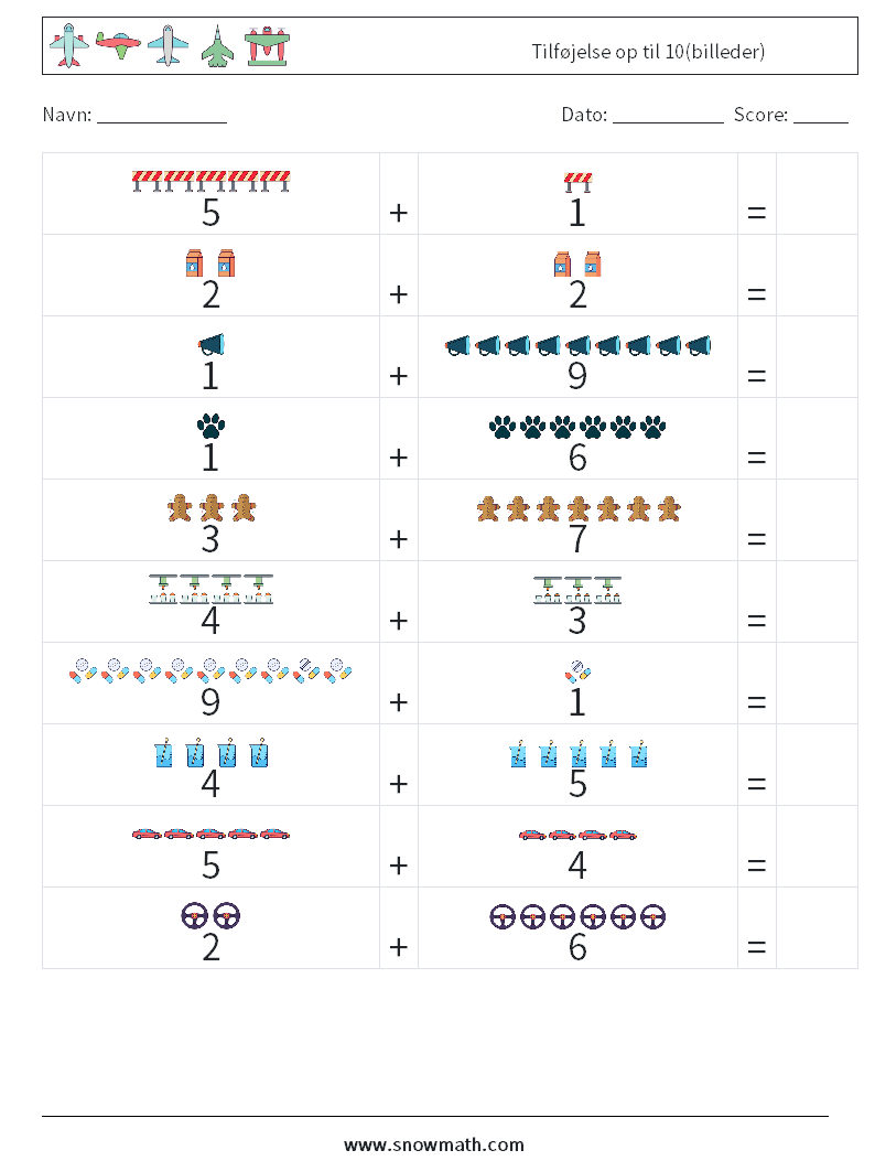 Tilføjelse op til 10(billeder) Matematiske regneark 10