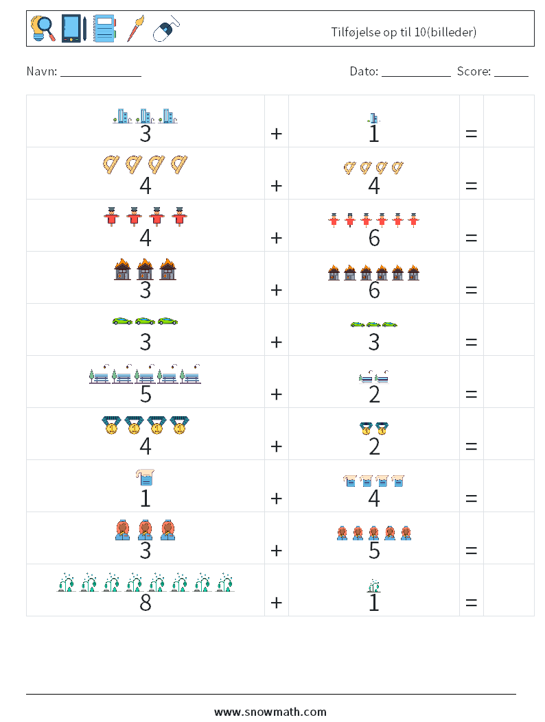 Tilføjelse op til 10(billeder) Matematiske regneark 11