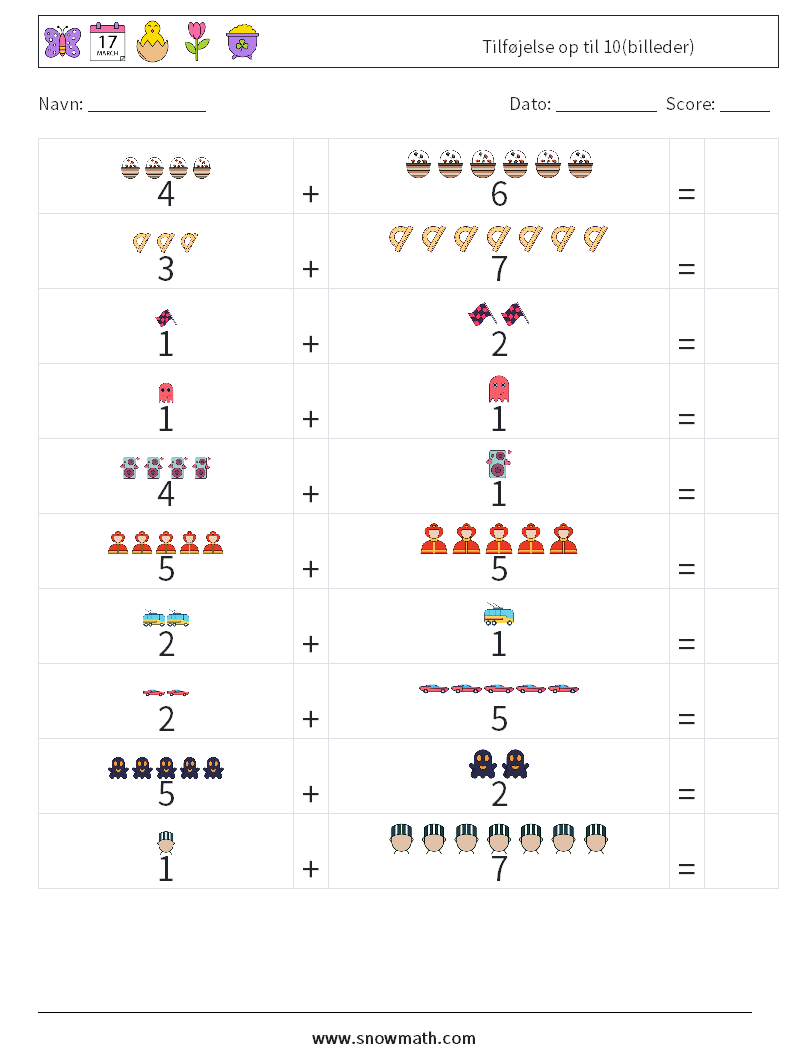 Tilføjelse op til 10(billeder) Matematiske regneark 12