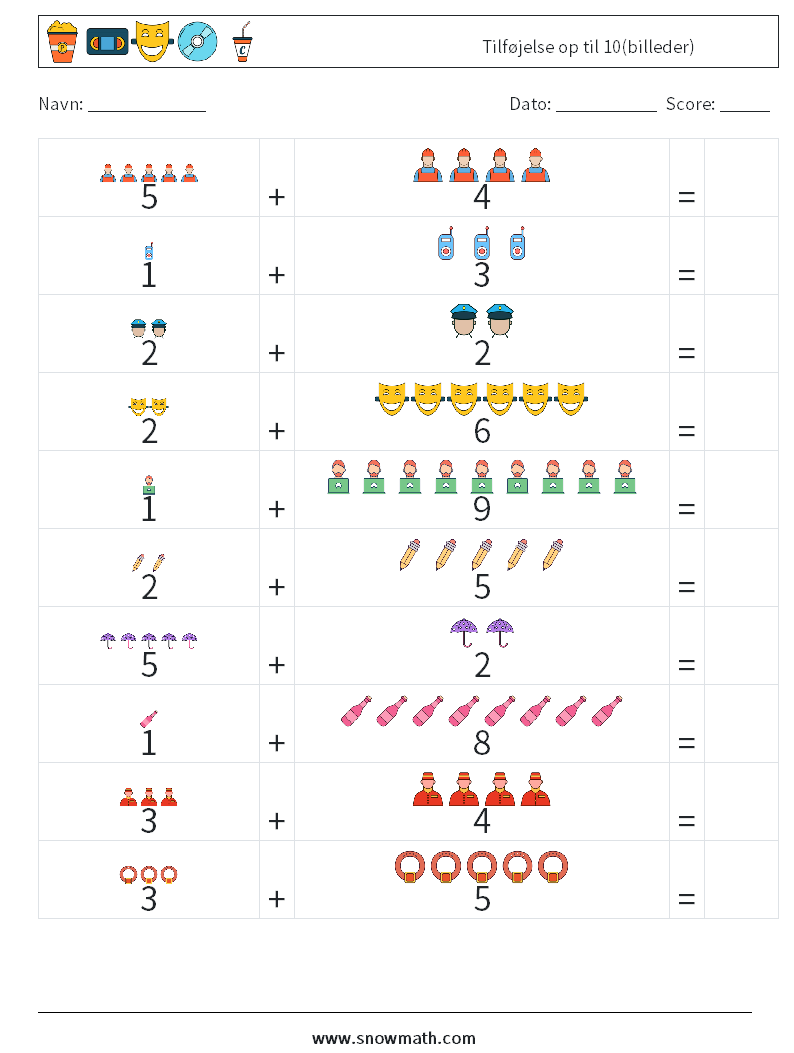 Tilføjelse op til 10(billeder) Matematiske regneark 13