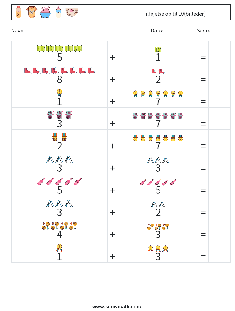 Tilføjelse op til 10(billeder) Matematiske regneark 15