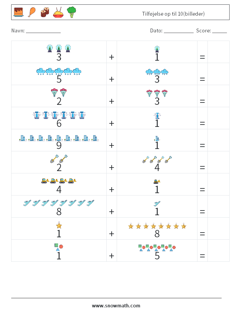 Tilføjelse op til 10(billeder) Matematiske regneark 16