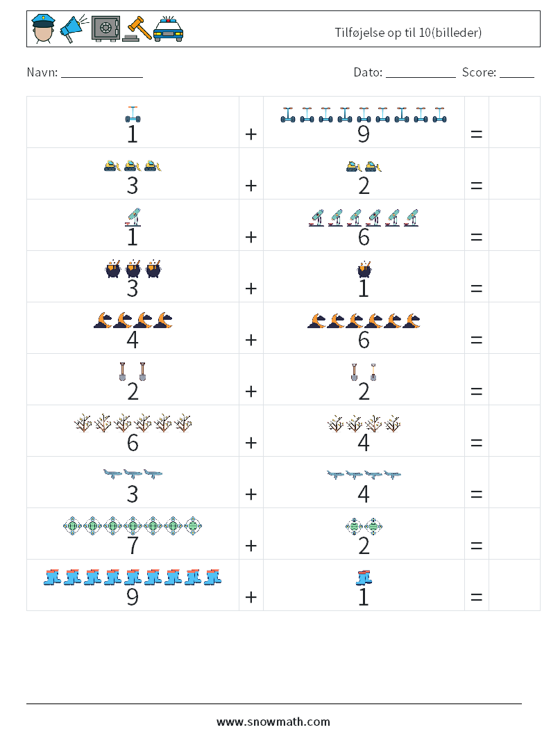 Tilføjelse op til 10(billeder) Matematiske regneark 17