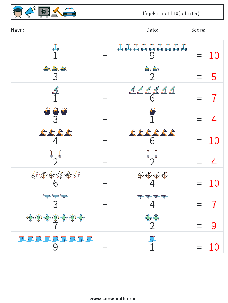 Tilføjelse op til 10(billeder) Matematiske regneark 17 Spørgsmål, svar