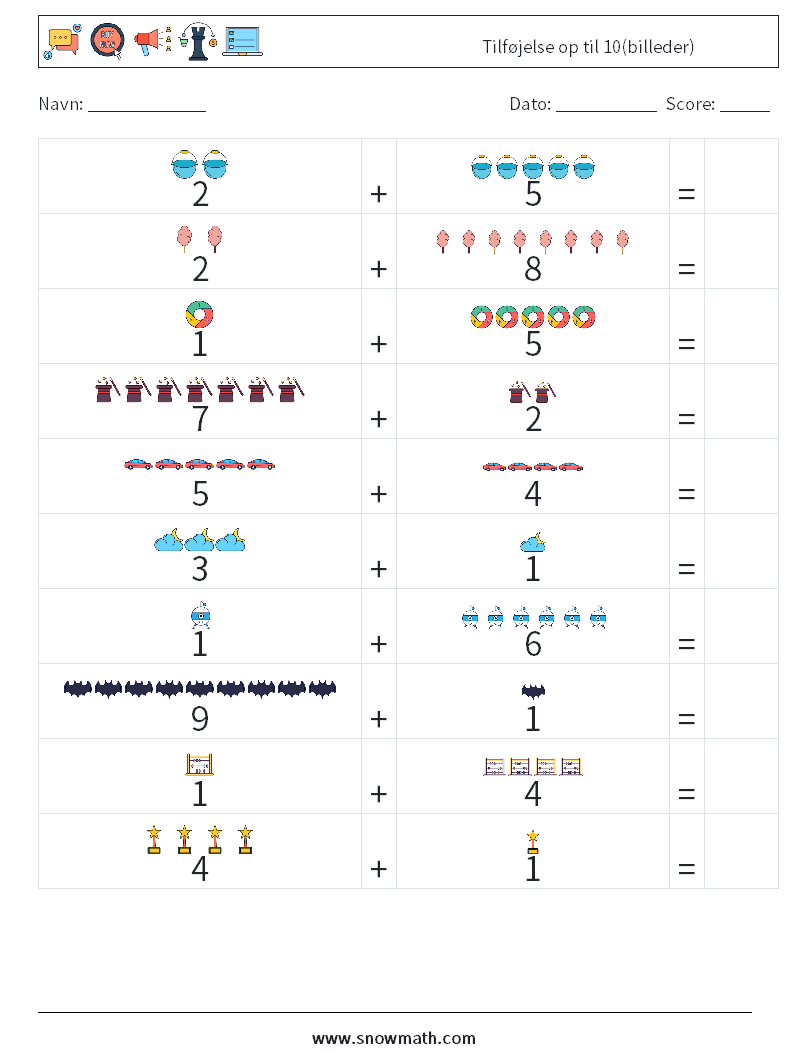 Tilføjelse op til 10(billeder) Matematiske regneark 18