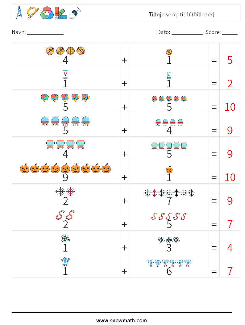 Tilføjelse op til 10(billeder) Matematiske regneark 1 Spørgsmål, svar