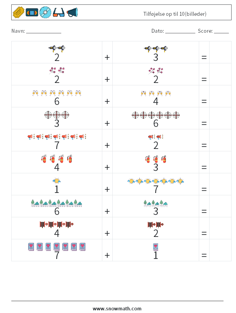 Tilføjelse op til 10(billeder) Matematiske regneark 2