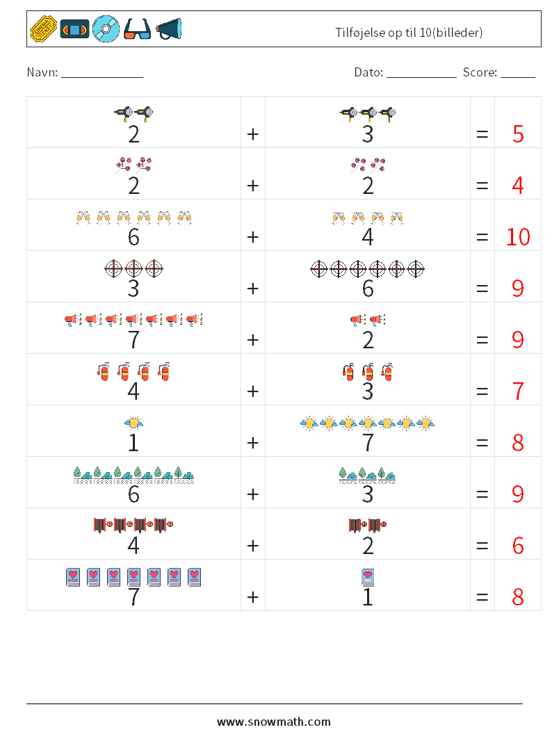 Tilføjelse op til 10(billeder) Matematiske regneark 2 Spørgsmål, svar