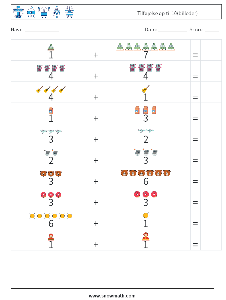 Tilføjelse op til 10(billeder) Matematiske regneark 3