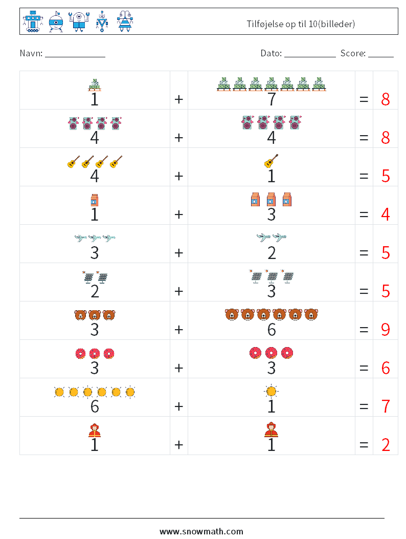 Tilføjelse op til 10(billeder) Matematiske regneark 3 Spørgsmål, svar