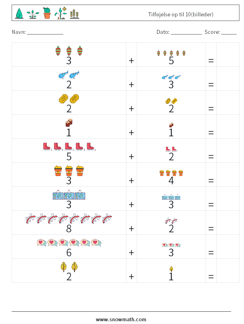 Tilføjelse op til 10(billeder) Matematiske regneark 4