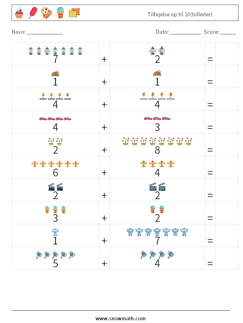 Tilføjelse op til 10(billeder) Matematiske regneark 5