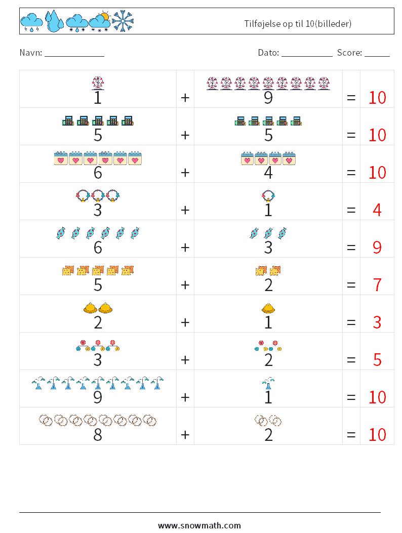 Tilføjelse op til 10(billeder) Matematiske regneark 6 Spørgsmål, svar