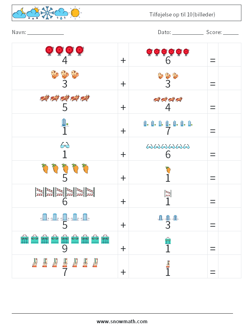 Tilføjelse op til 10(billeder) Matematiske regneark 7