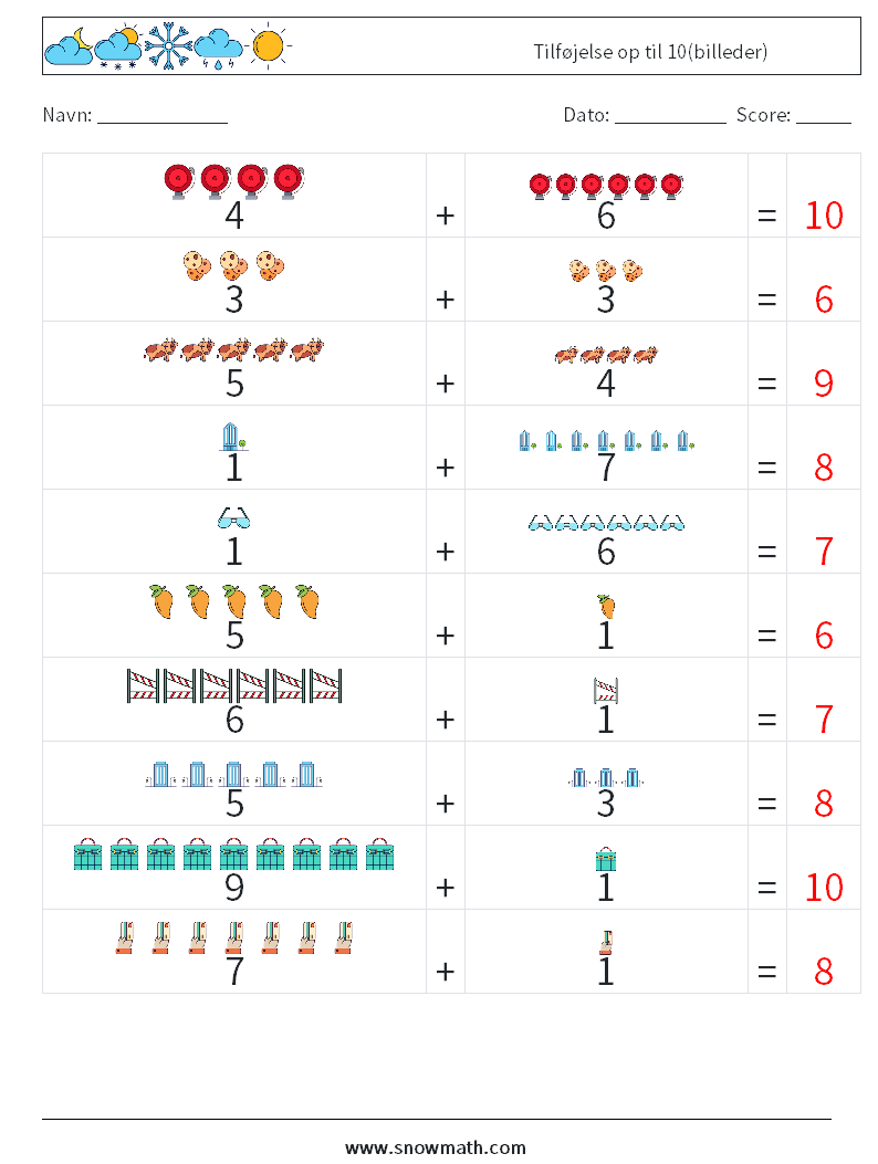 Tilføjelse op til 10(billeder) Matematiske regneark 7 Spørgsmål, svar