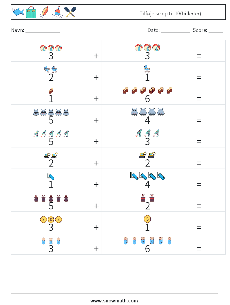 Tilføjelse op til 10(billeder) Matematiske regneark 8