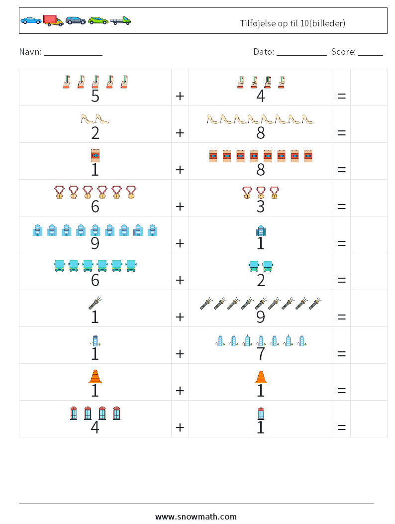 Tilføjelse op til 10(billeder) Matematiske regneark 9