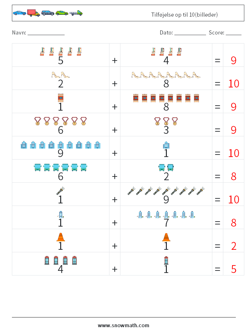 Tilføjelse op til 10(billeder) Matematiske regneark 9 Spørgsmål, svar