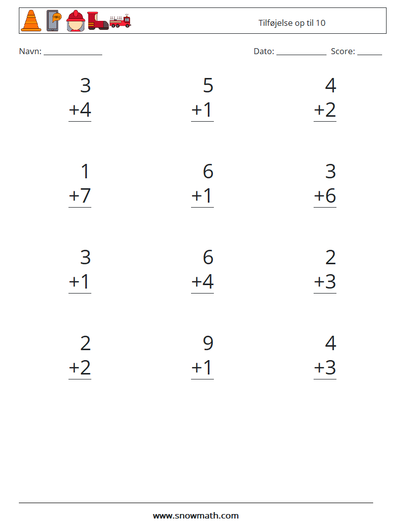 (12) Tilføjelse op til 10 Matematiske regneark 1