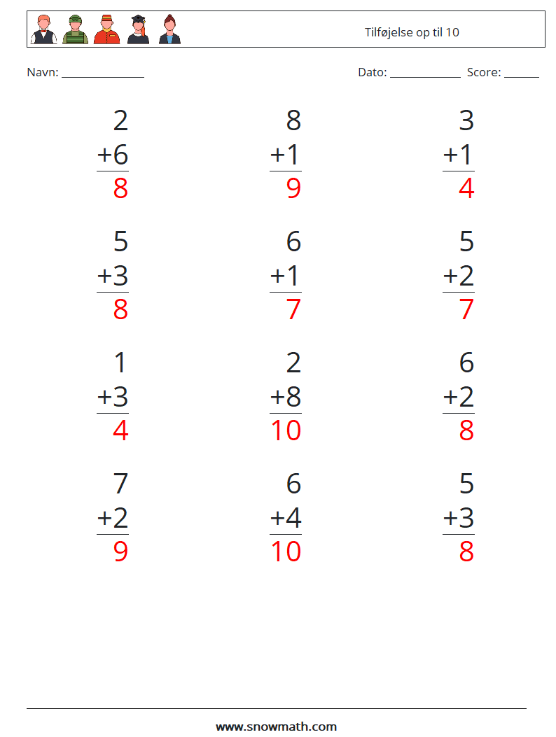 (12) Tilføjelse op til 10 Matematiske regneark 2 Spørgsmål, svar