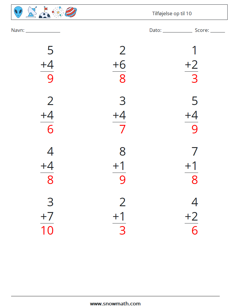 (12) Tilføjelse op til 10 Matematiske regneark 3 Spørgsmål, svar