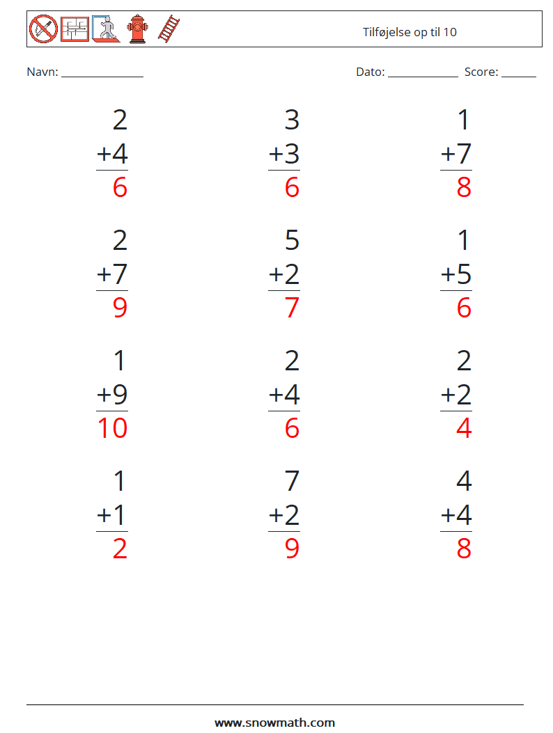 (12) Tilføjelse op til 10 Matematiske regneark 4 Spørgsmål, svar