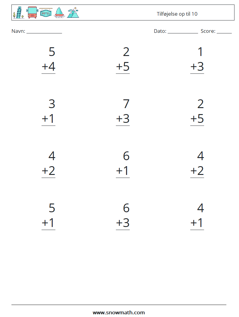 (12) Tilføjelse op til 10 Matematiske regneark 5
