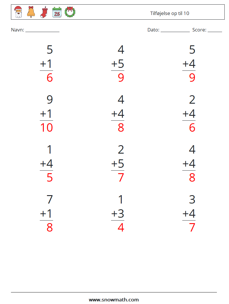 (12) Tilføjelse op til 10 Matematiske regneark 6 Spørgsmål, svar