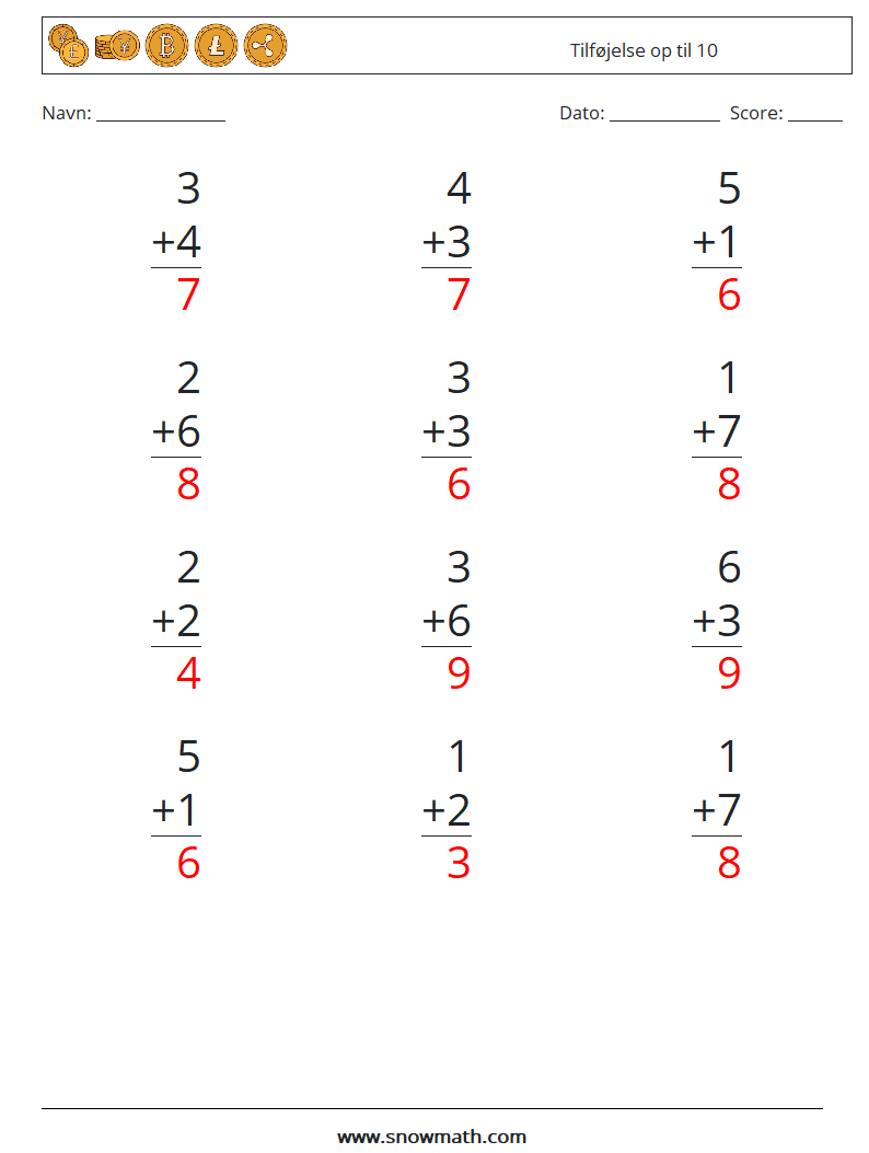 (12) Tilføjelse op til 10 Matematiske regneark 8 Spørgsmål, svar