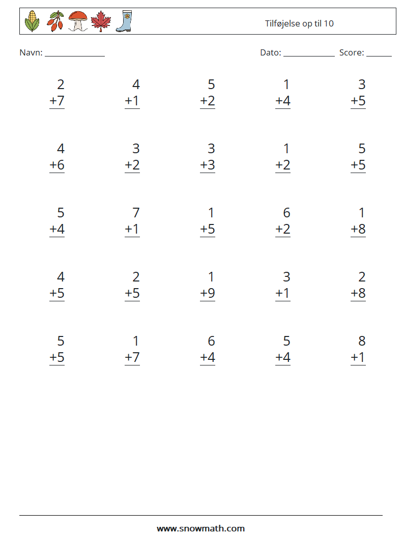 (25) Tilføjelse op til 10 Matematiske regneark 1