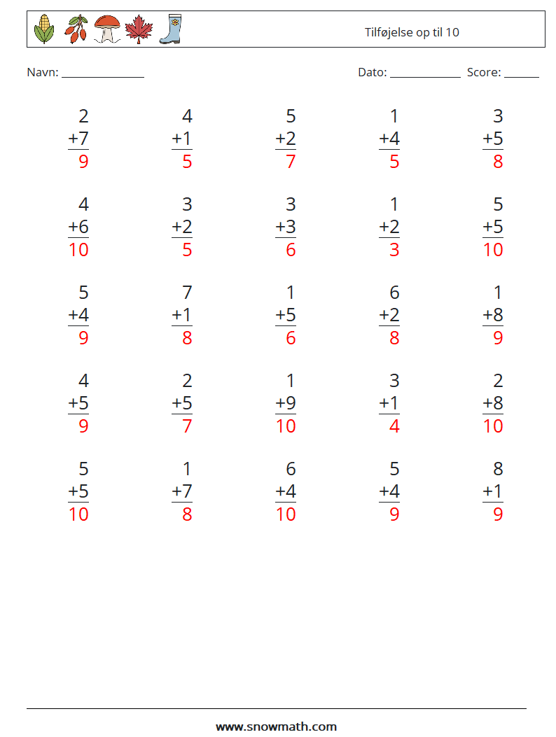 (25) Tilføjelse op til 10 Matematiske regneark 1 Spørgsmål, svar