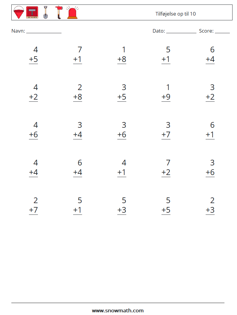 (25) Tilføjelse op til 10 Matematiske regneark 2