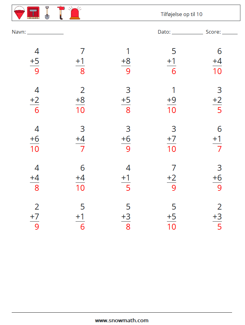 (25) Tilføjelse op til 10 Matematiske regneark 2 Spørgsmål, svar